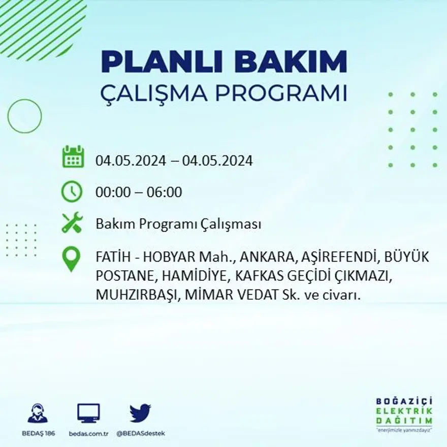 İstanbul'un 17 ilçesinde elektrik kesintisi: Elektrikler ne zaman gelecek? (4 Mayıs tarihli BEDAŞ kesinti programı) 27 İstanbul'un 17 ilçesinde elektrik kesintisi: Elektrikler ne zaman gelecek? (4 Mayıs tarihli BEDAŞ kesinti programı) 27