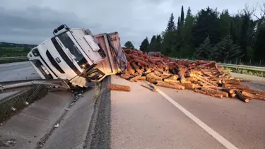 Bursa'da odun yüklü kamyon devrildi: 3 yaralı