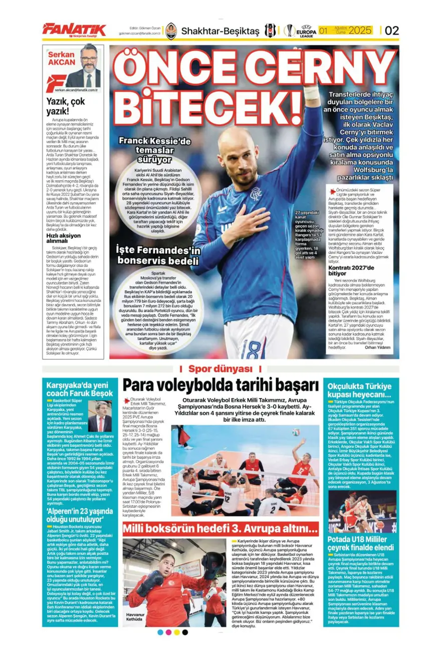 "Her yer karanlık" (1 Ağustos 2025 spor manşetleri) 1