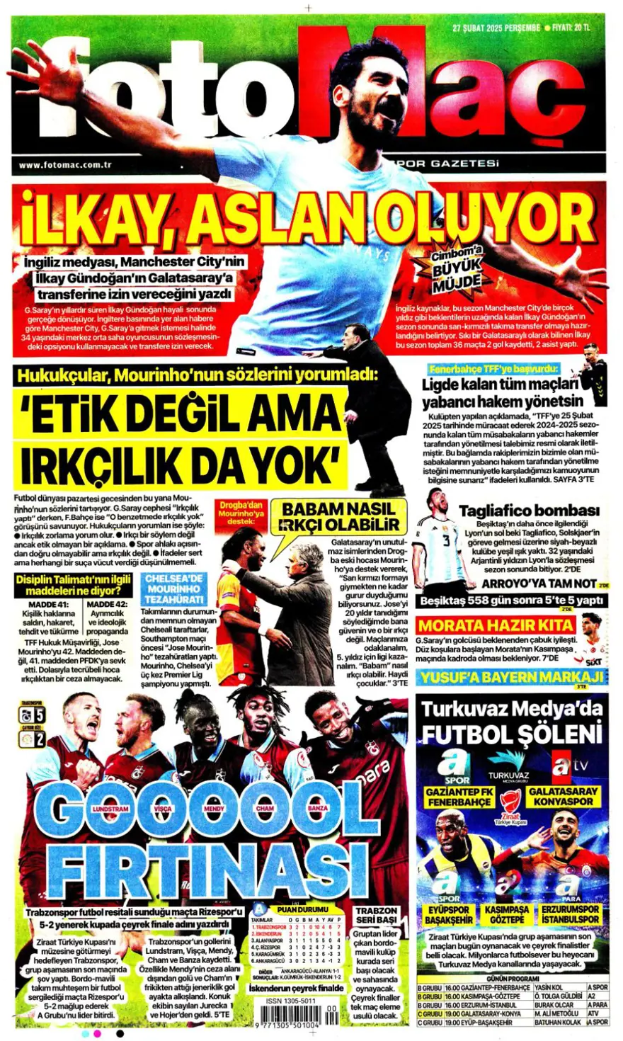 "Derbinin ardından gözler kupada" (27 Şubat 2025 spor manşetleri) 2