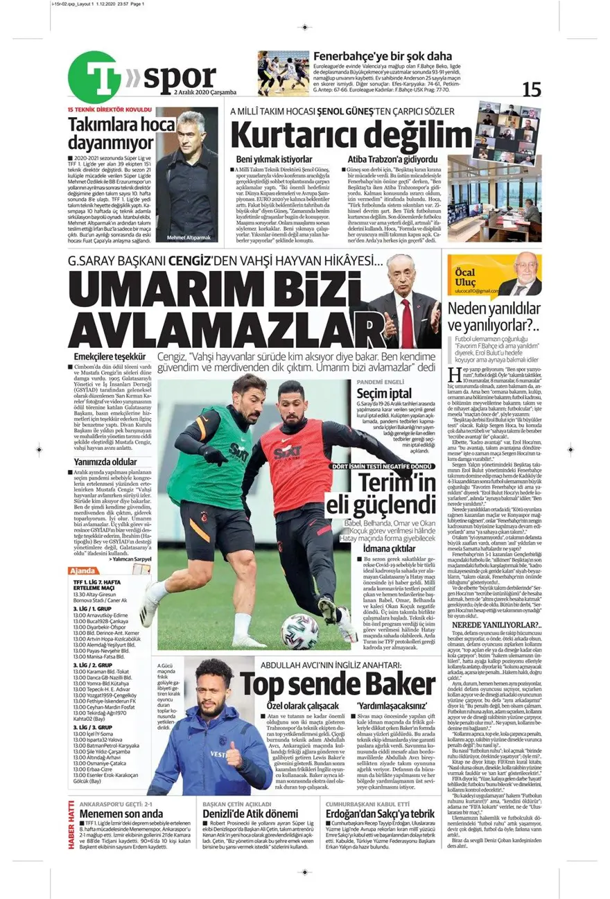 Günün spor manşetleri (2 Aralık 2020) 19