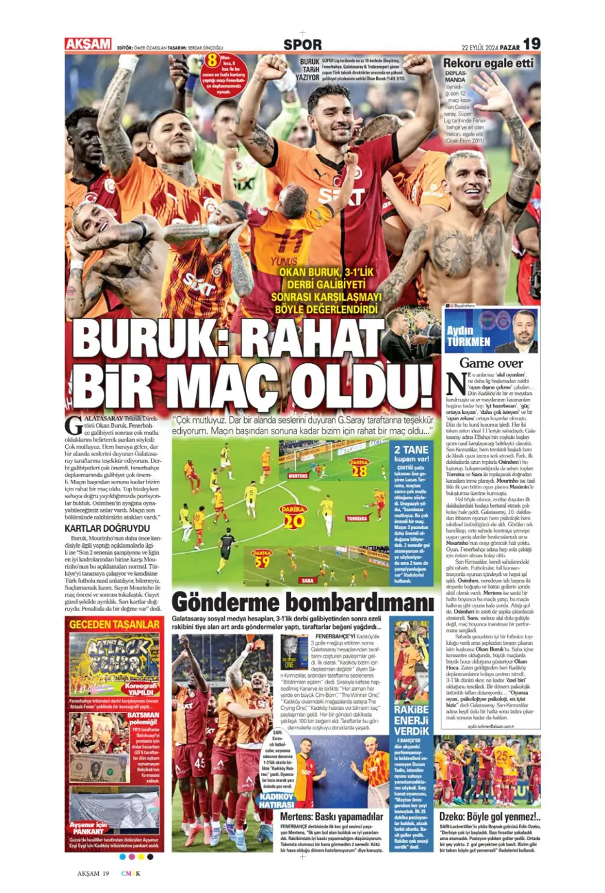 "Kadıköy Aslan'ı Galatasaray" (22 Eylül 2024 spor manşetleri) 2