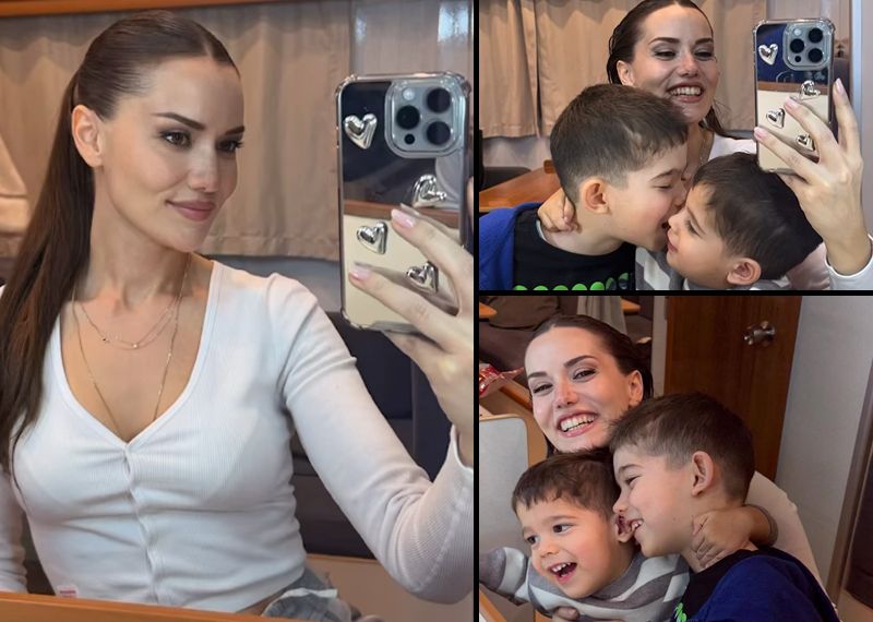 Fahriye Evcen ve oğullarından karavan pozları
