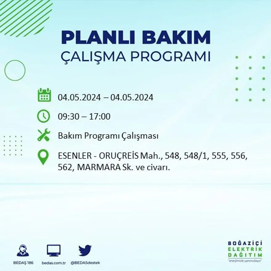 İstanbul'un 17 ilçesinde elektrik kesintisi: Elektrikler ne zaman gelecek? (4 Mayıs tarihli BEDAŞ kesinti programı) 17 İstanbul'un 17 ilçesinde elektrik kesintisi: Elektrikler ne zaman gelecek? (4 Mayıs tarihli BEDAŞ kesinti programı) 17