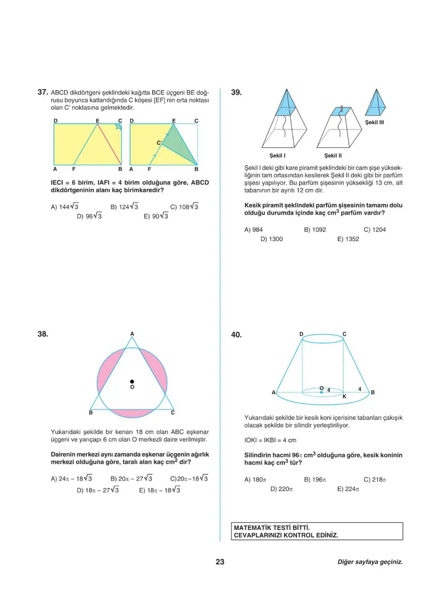 Uğur Okulları AYT -1 deneme sınavı 22