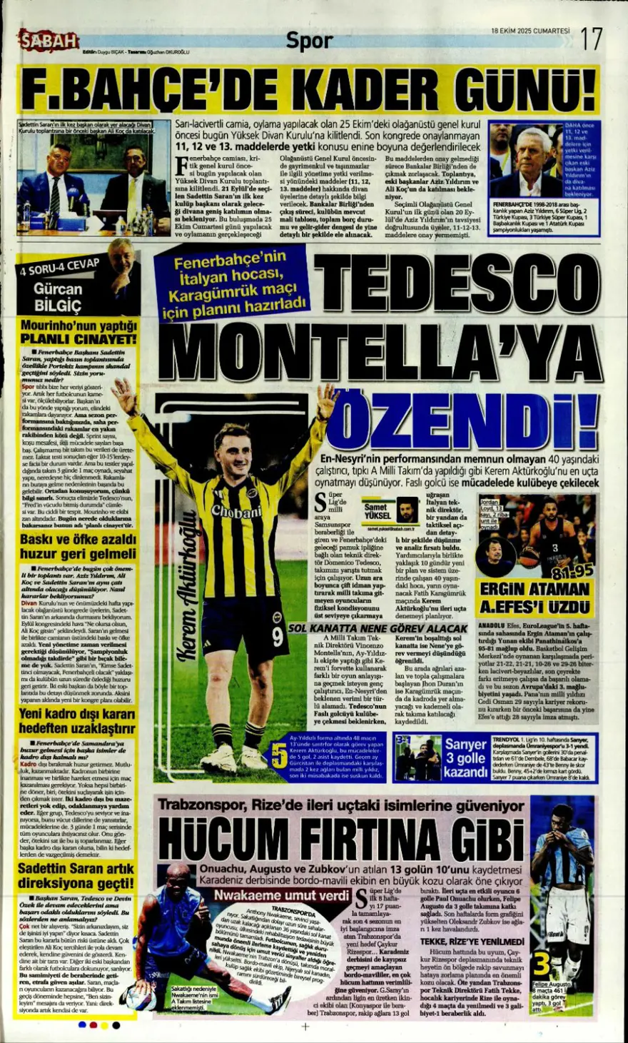 "Yine yeniden Ceballos" (18 Ekim 2025 spor manşetleri) 16