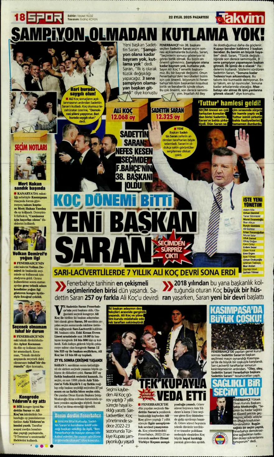 "Başkanı değişti, kaderi değişmedi" (22 Eylül spor manşetleri) 26