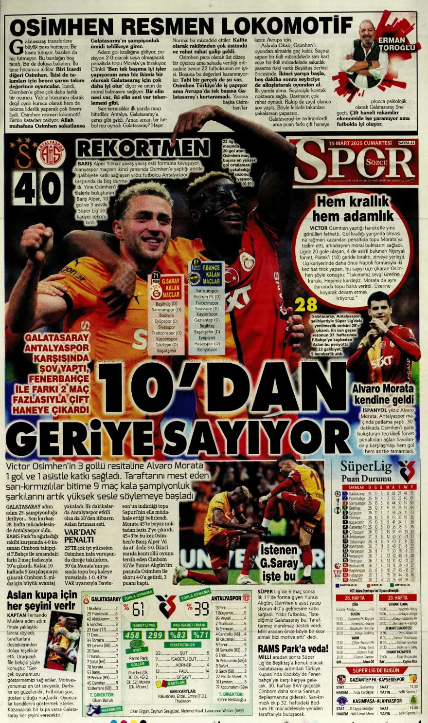 "Zirvede tek başına" (15 Mart 2025 spor manşetleri) 9