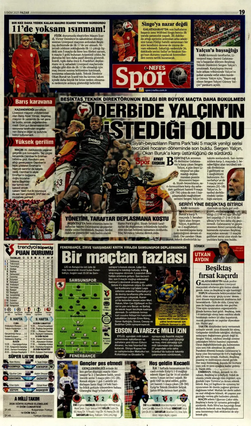 "Kartal salladı, Aslan yıkılmadı" (5 Ekim 2025 spor manşetleri) 13