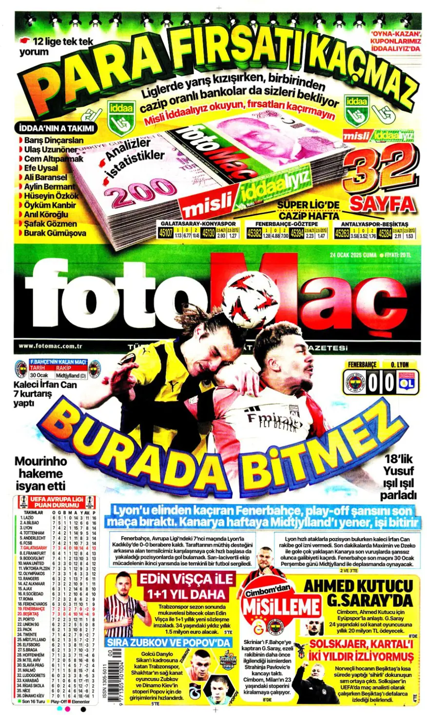 "Pavlovic sürprizi" (24 Ocak 2025 spor manşetleri) 1