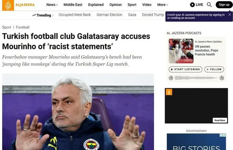 Maymun söylemi dünya basınında: "Mourinho'nun başı dertte, Galatasaray dava açacak" 1