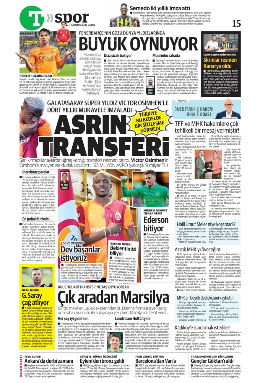 "Her yer karanlık" (1 Ağustos 2025 spor manşetleri) 22