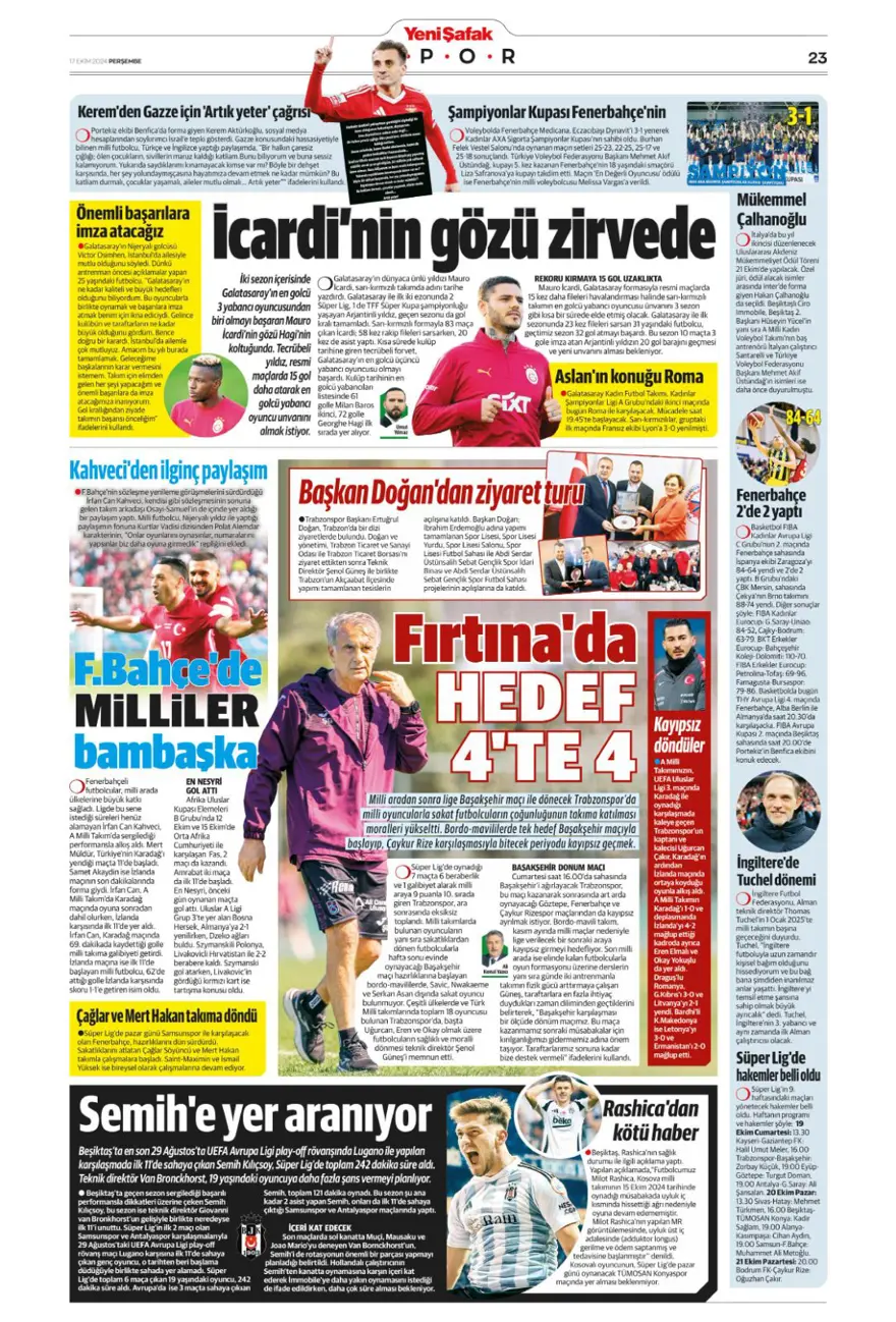“İtalyan orta saha Fener'e” (17 Ekim 2024 spor manşetleri) 16
