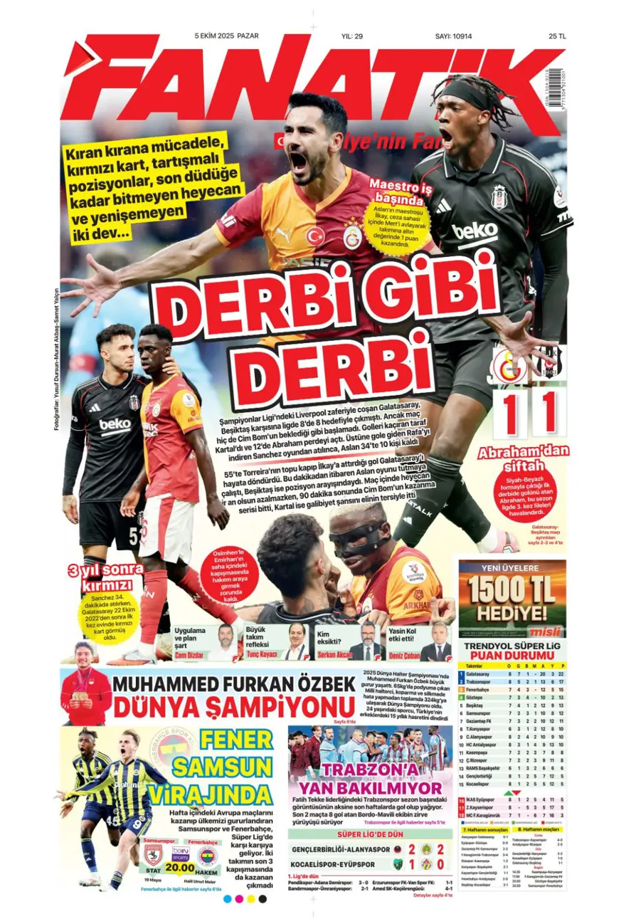 "Kartal salladı, Aslan yıkılmadı" (5 Ekim 2025 spor manşetleri) 