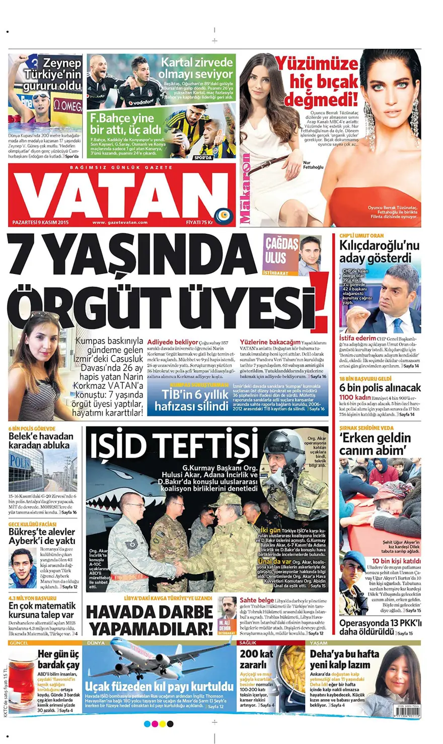 Günün gazete manşetleri - 9 Kasım 2015 2