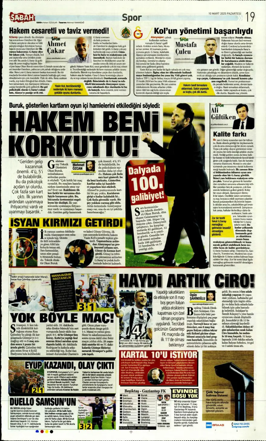 "Aslan kral kükredi" (10 Mart 2025 spor manşetleri) 8