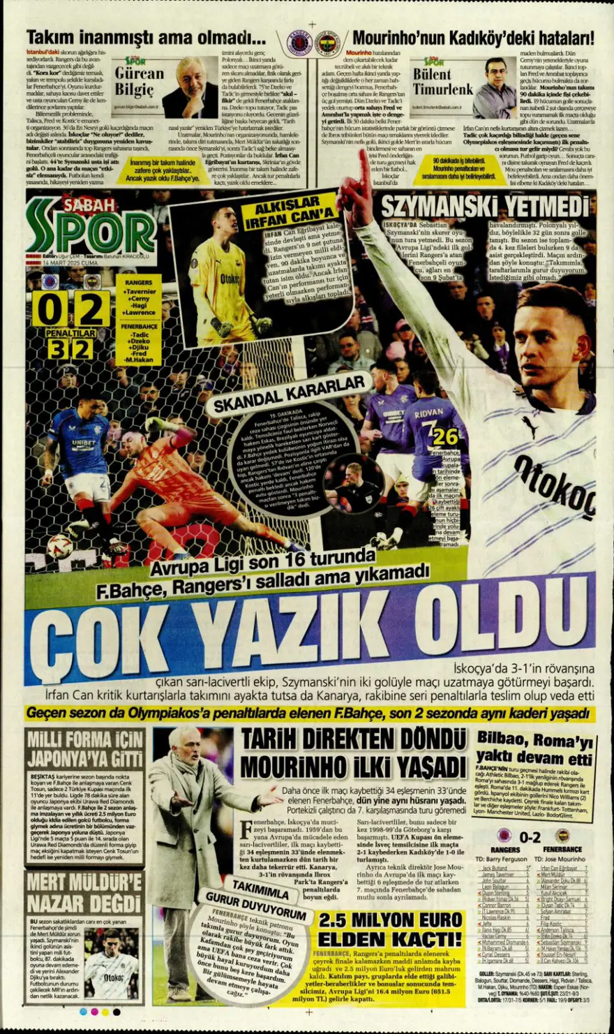 "Yazık oldu" (14 Mart 2025 spor manşetleri) 2