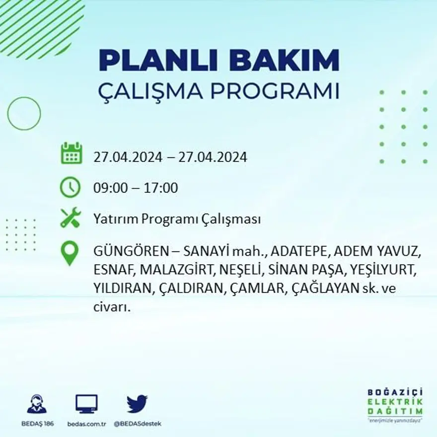 İstanbul'un 20 ilçesinde elektrik kesintisi: Elektrikler ne zaman gelecek? (27 Nisan tarihli BEDAŞ kesinti programı) 42 İstanbul'un 20 ilçesinde elektrik kesintisi: Elektrikler ne zaman gelecek? (27 Nisan tarihli BEDAŞ kesinti programı) 42