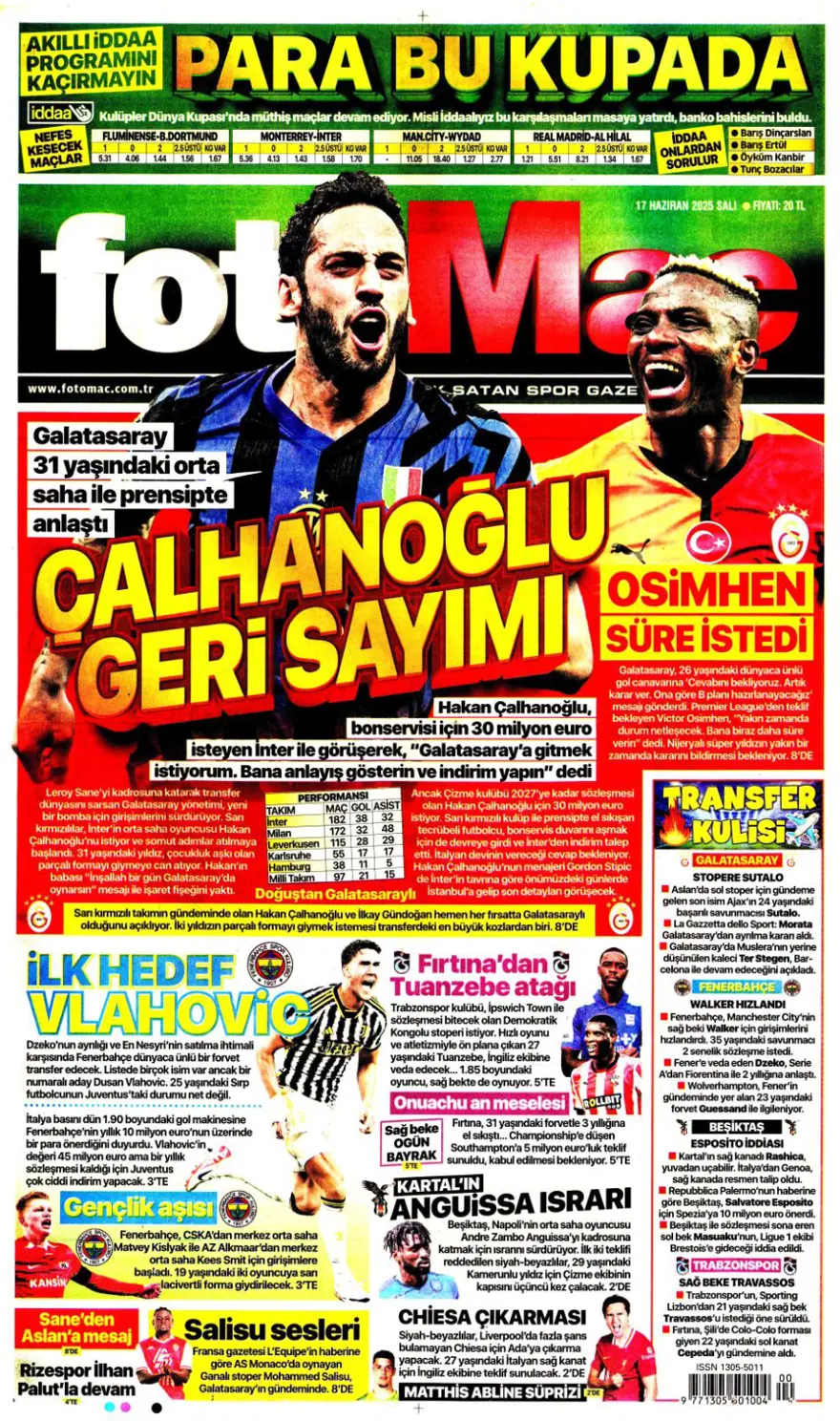 "Çalhanoğlu geri sayımı" (17 Haziran 2025 spor manşetleri) 8