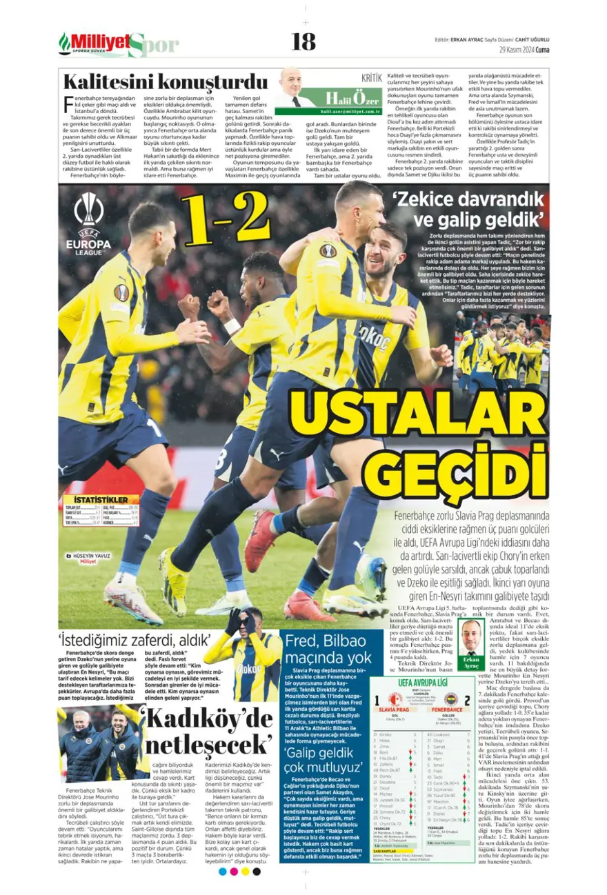 "Avrupa'da Fener alayı" (29 Kasım 2024 spor manşetleri) 24