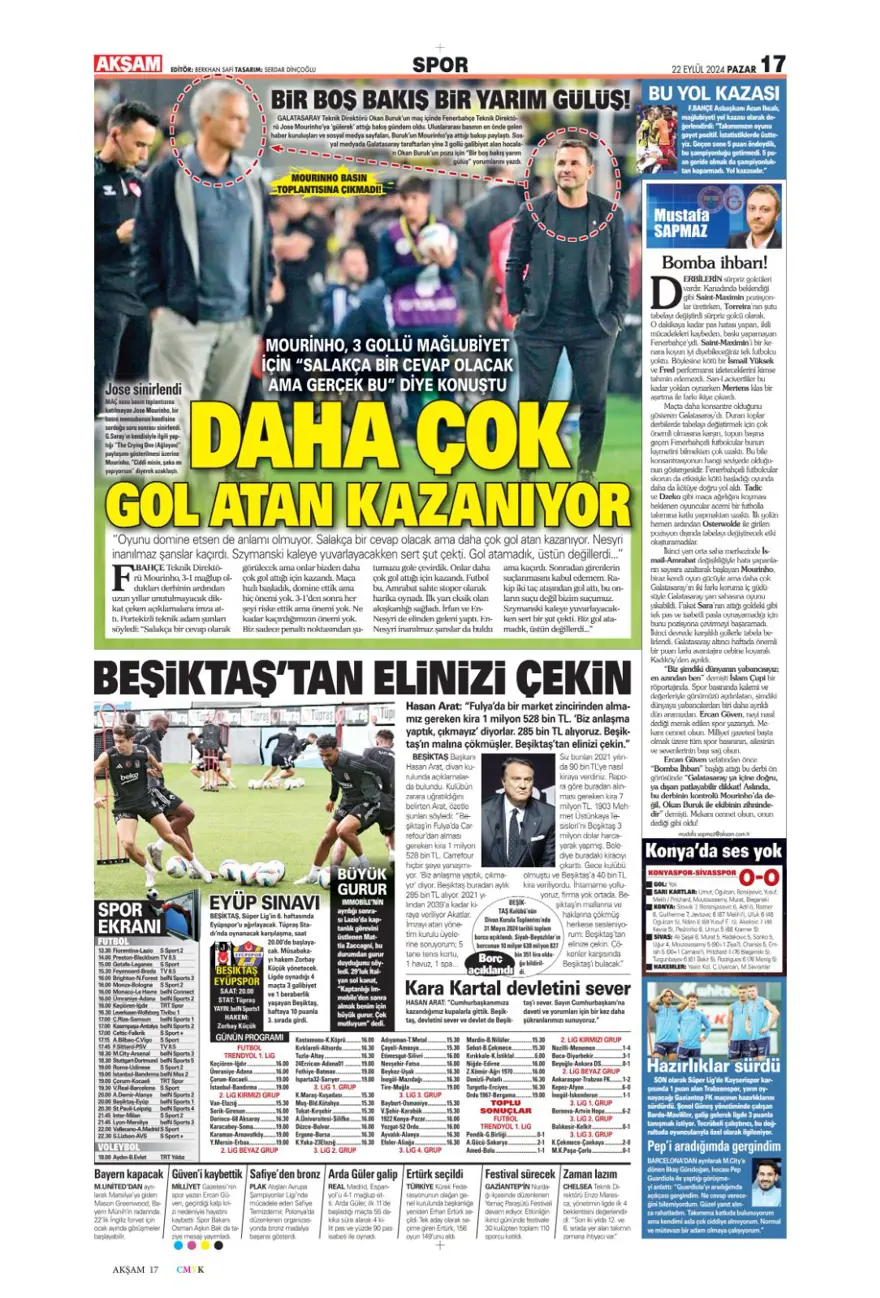 "Kadıköy Aslan'ı Galatasaray" (22 Eylül 2024 spor manşetleri) 1