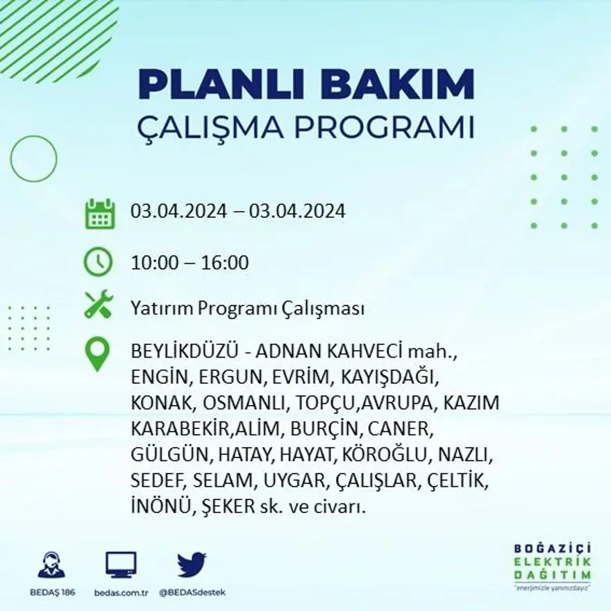 İstanbul'un 19 ilçesinde elektrik kesintisi: Elektrikler ne zaman gelecek? (3 Nisan tarihli BEDAŞ kesinti programı) 26