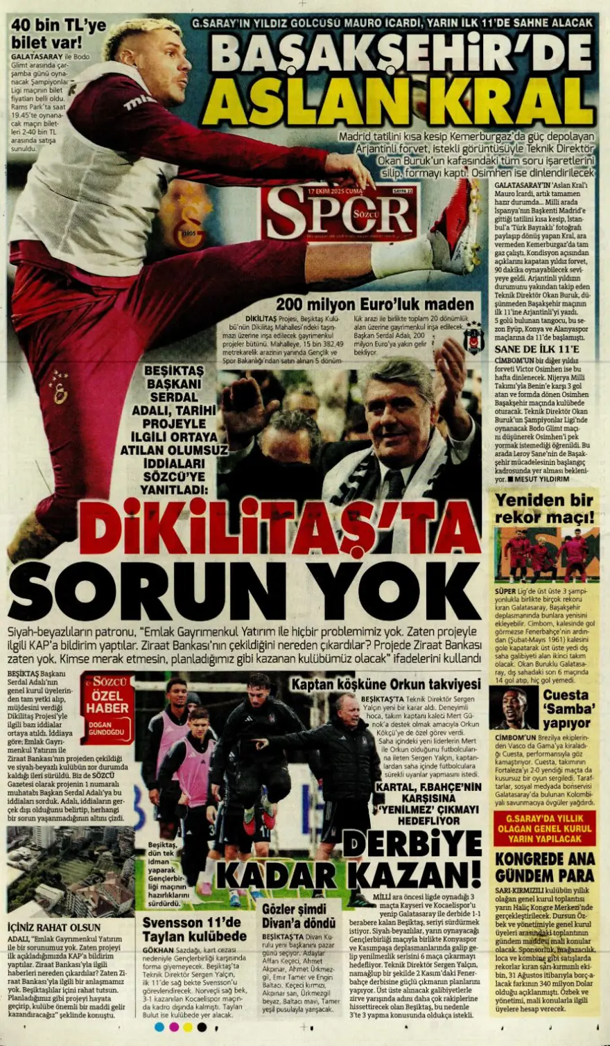 "Savic derbisi" (17 Ekim 2025 spor manşetleri) 15