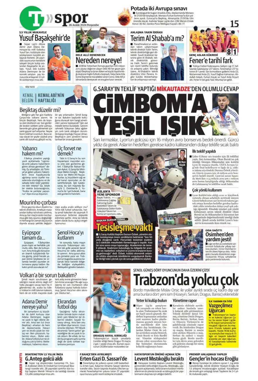 "Aslan'dan dev harekat" (26 Aralık 2024 spor manşetleri) 26