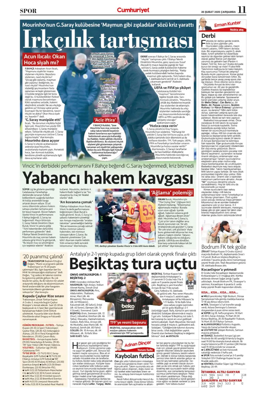 "Türk futbolunda maymun tartışması" (26 Şubat 2025 spor manşetleri) 29