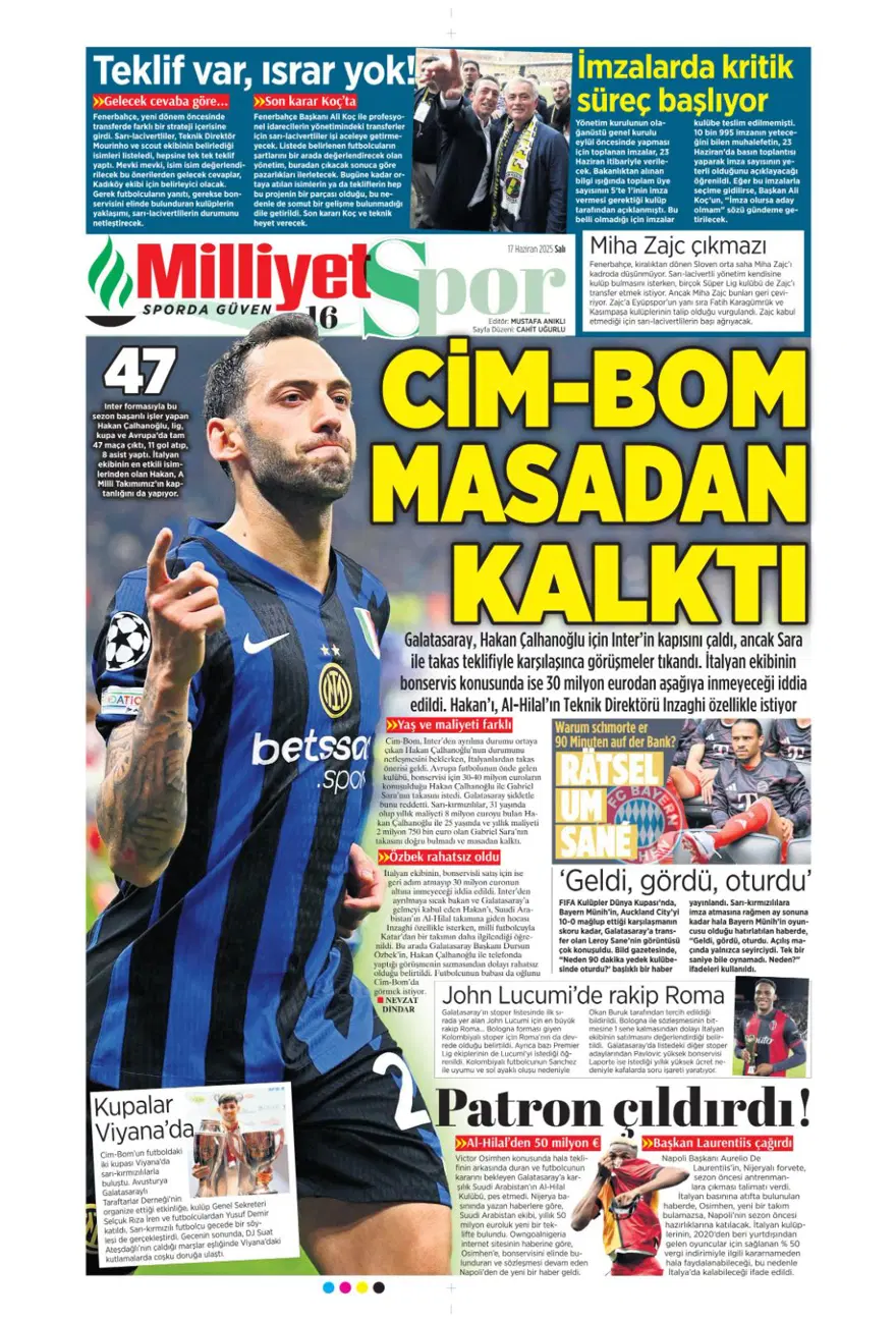 "Çalhanoğlu geri sayımı" (17 Haziran 2025 spor manşetleri) 20