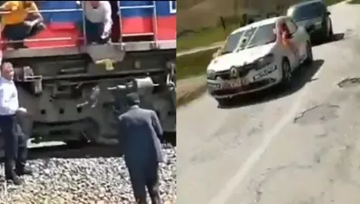 Bahşiş için sıra dışı yöntem:Düğün konvoyunun önünü trenle kestiler