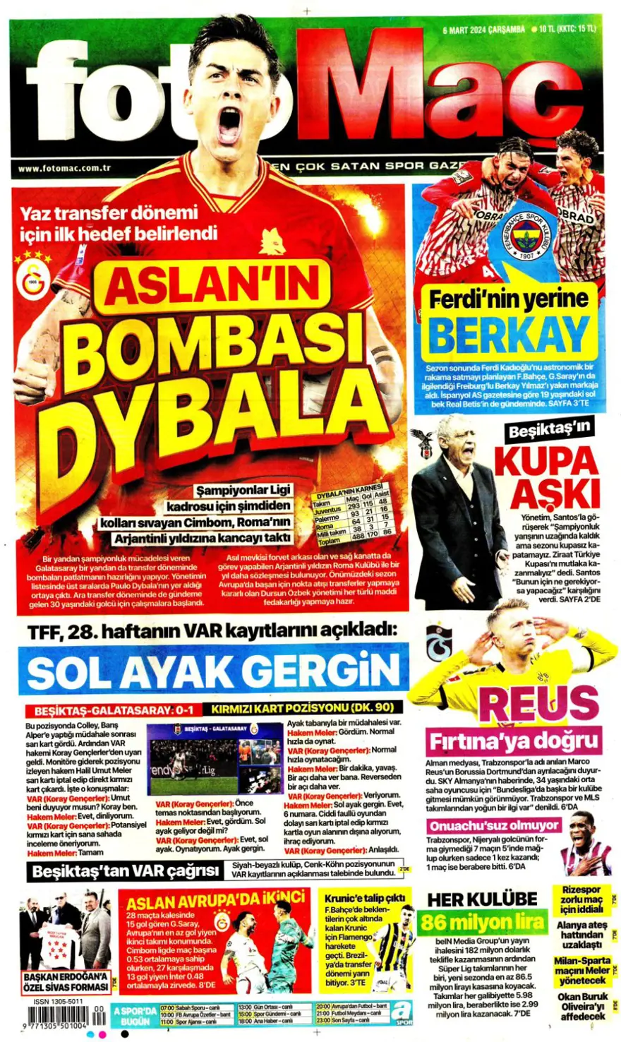 "Transfer planı şimdiden hazır" (6 Mart 2024 spor manşetleri) 