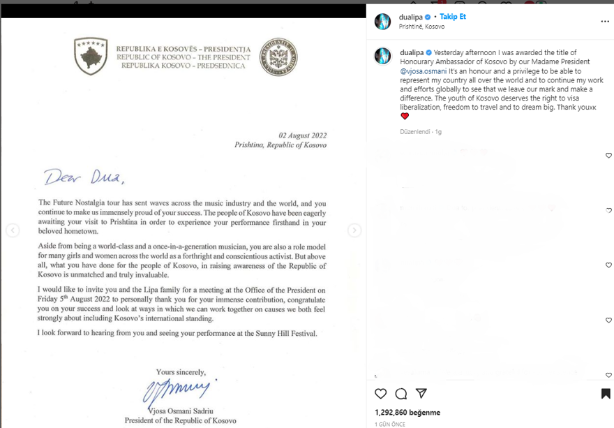 Şarkıcı Dua Lipa’ya Kosova Fahri Elçisi unvanı verildi 2