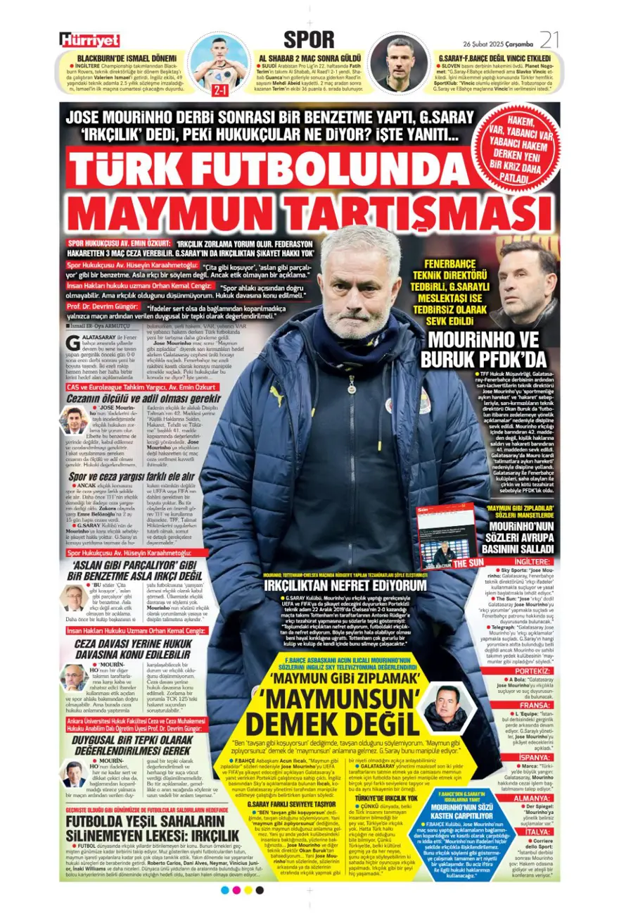 "Türk futbolunda maymun tartışması" (26 Şubat 2025 spor manşetleri) 
