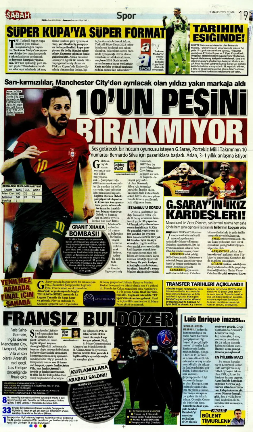 "Galatasaray 10'un peşini bırakmıyor" (9 Mayıs 2025 spor manşetleri) 