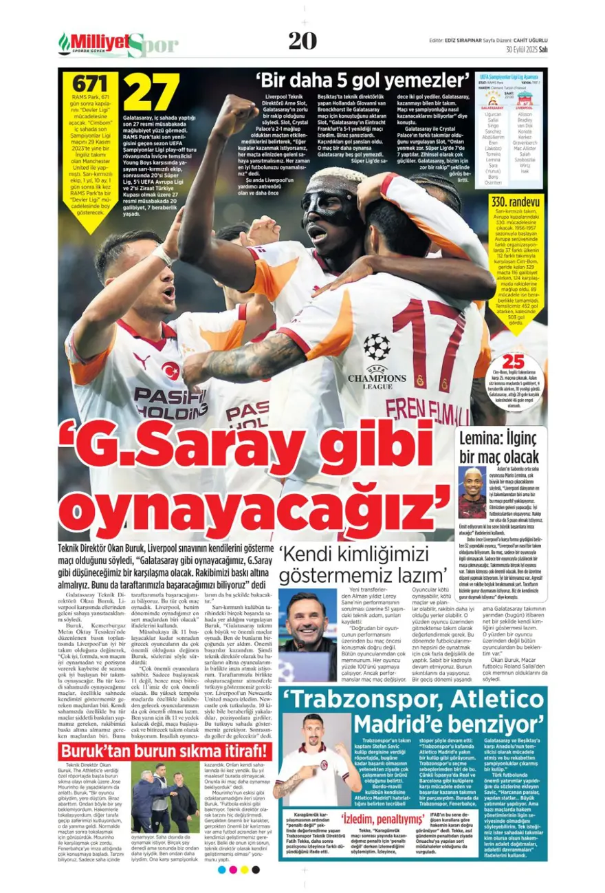 "Cehennem Liverpool'u bekliyor" (30 Eylül 2025 spor manşetleri) 13