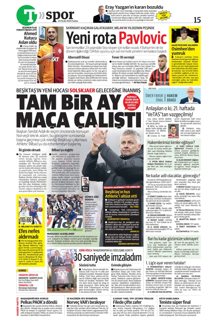 "Pavlovic sürprizi" (24 Ocak 2025 spor manşetleri) 33