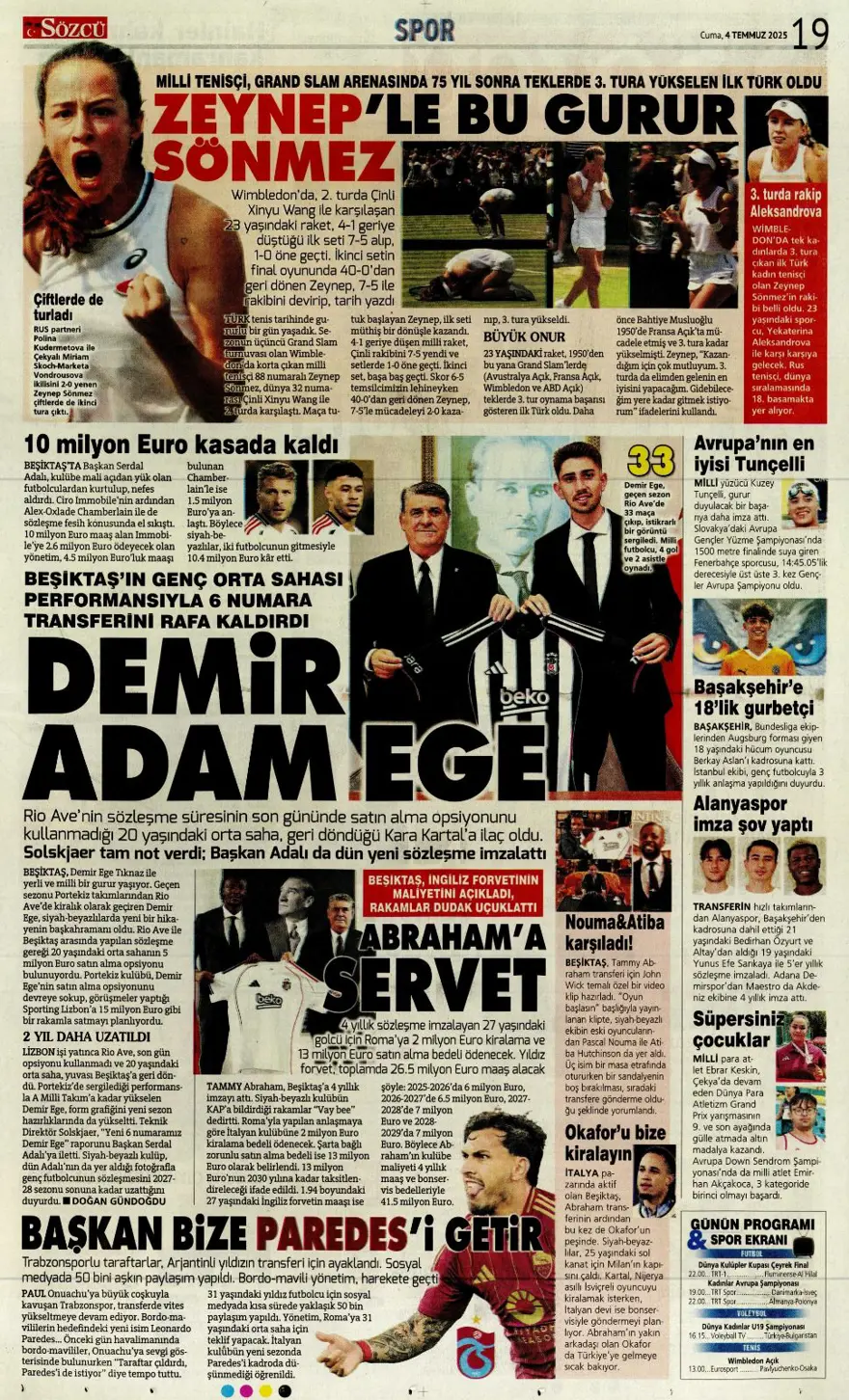 "Kale artık İrfan Can'ın" (4 Temmuz 2025 spor manşetleri) 15