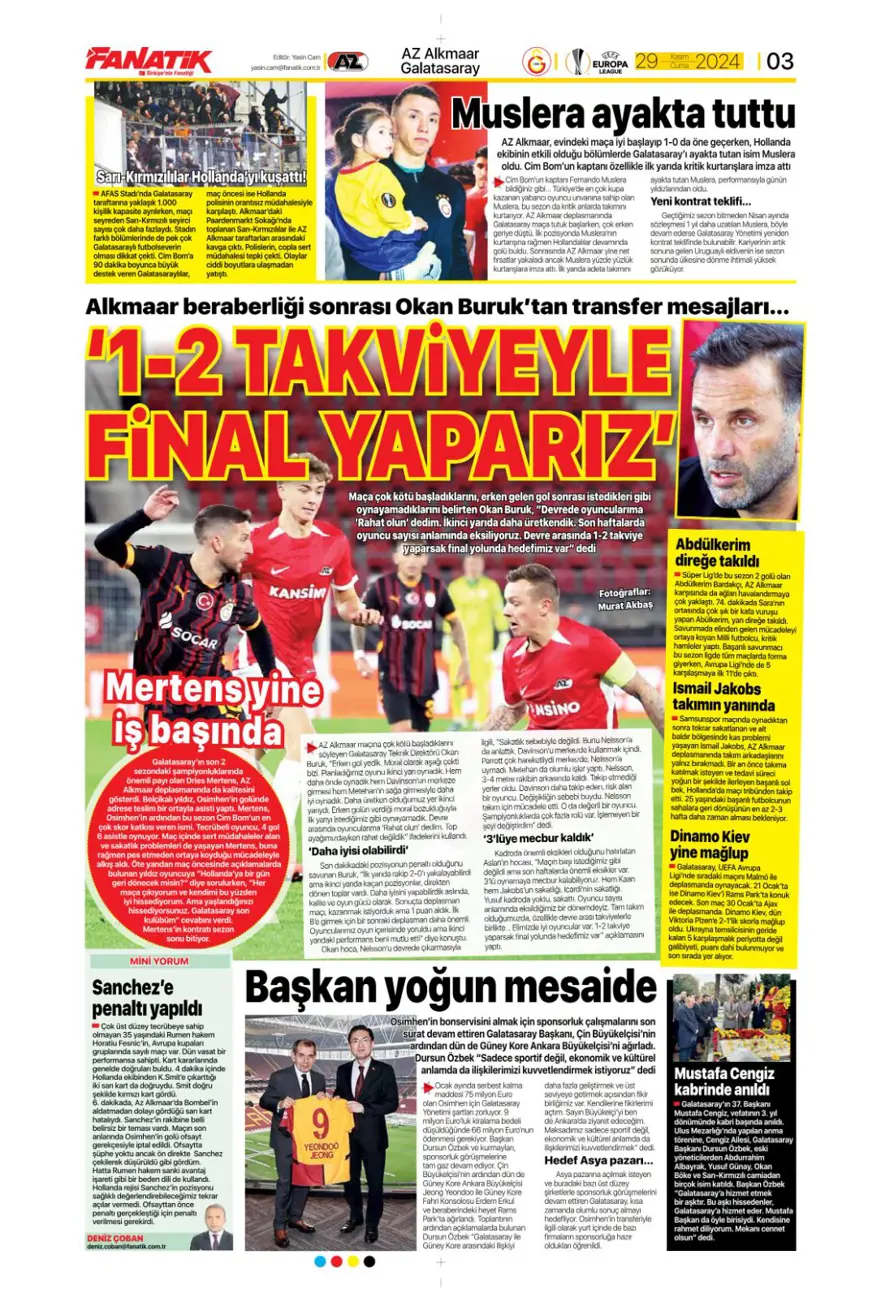 "Avrupa'da Fener alayı" (29 Kasım 2024 spor manşetleri) 6