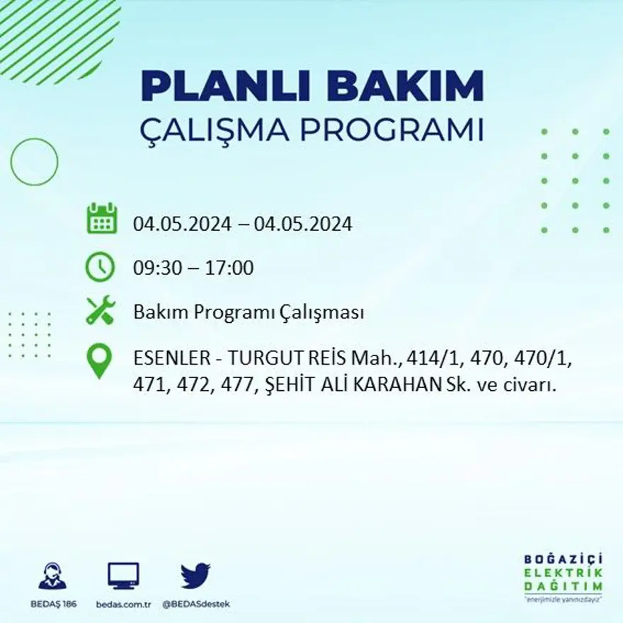 İstanbul'un 17 ilçesinde elektrik kesintisi: Elektrikler ne zaman gelecek? (4 Mayıs tarihli BEDAŞ kesinti programı) 14 İstanbul'un 17 ilçesinde elektrik kesintisi: Elektrikler ne zaman gelecek? (4 Mayıs tarihli BEDAŞ kesinti programı) 14