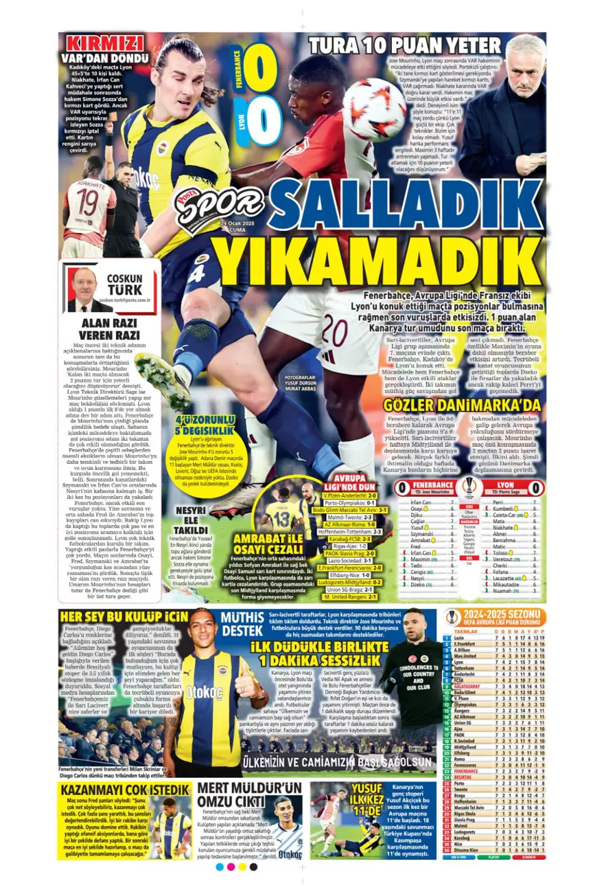 "Pavlovic sürprizi" (24 Ocak 2025 spor manşetleri) 21