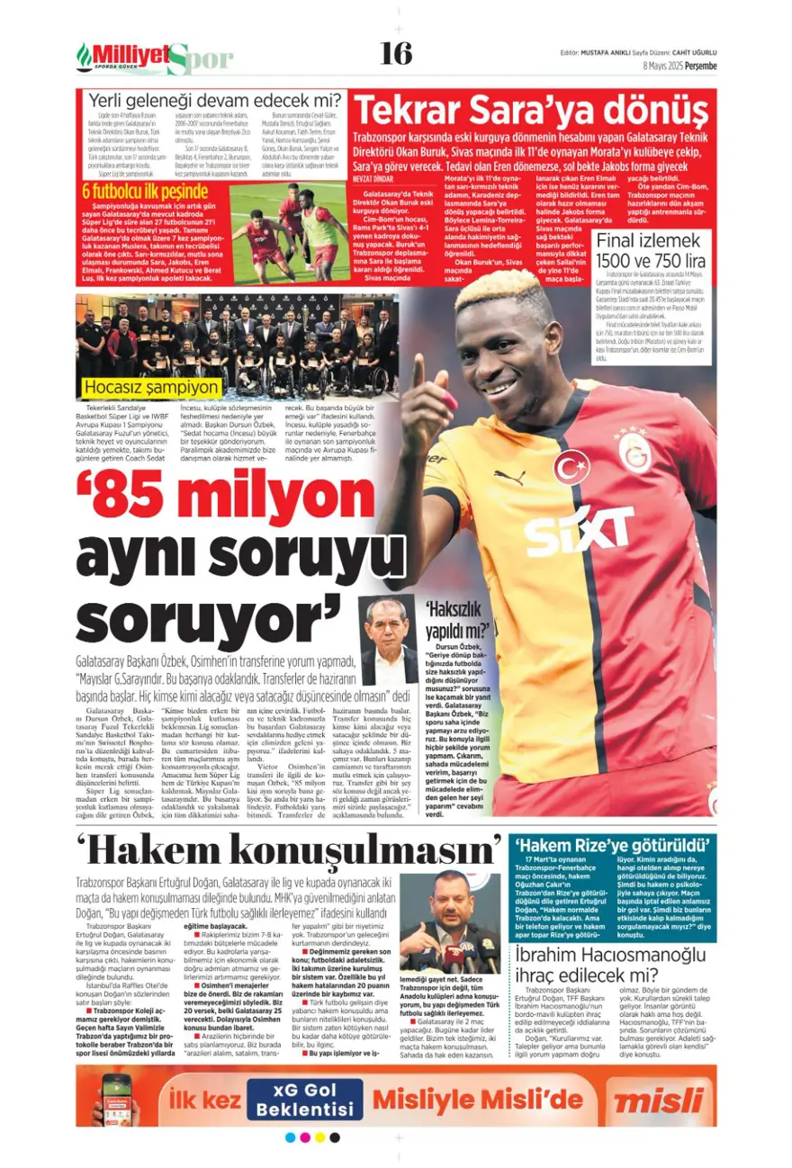 "Alacağım yok, borcum var" (8 Mayıs 2025 spor manşetleri) 13