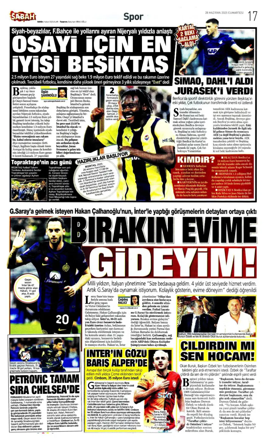 "Kolombiya seferi" (28 Haziran 2025 spor manşetleri) 12