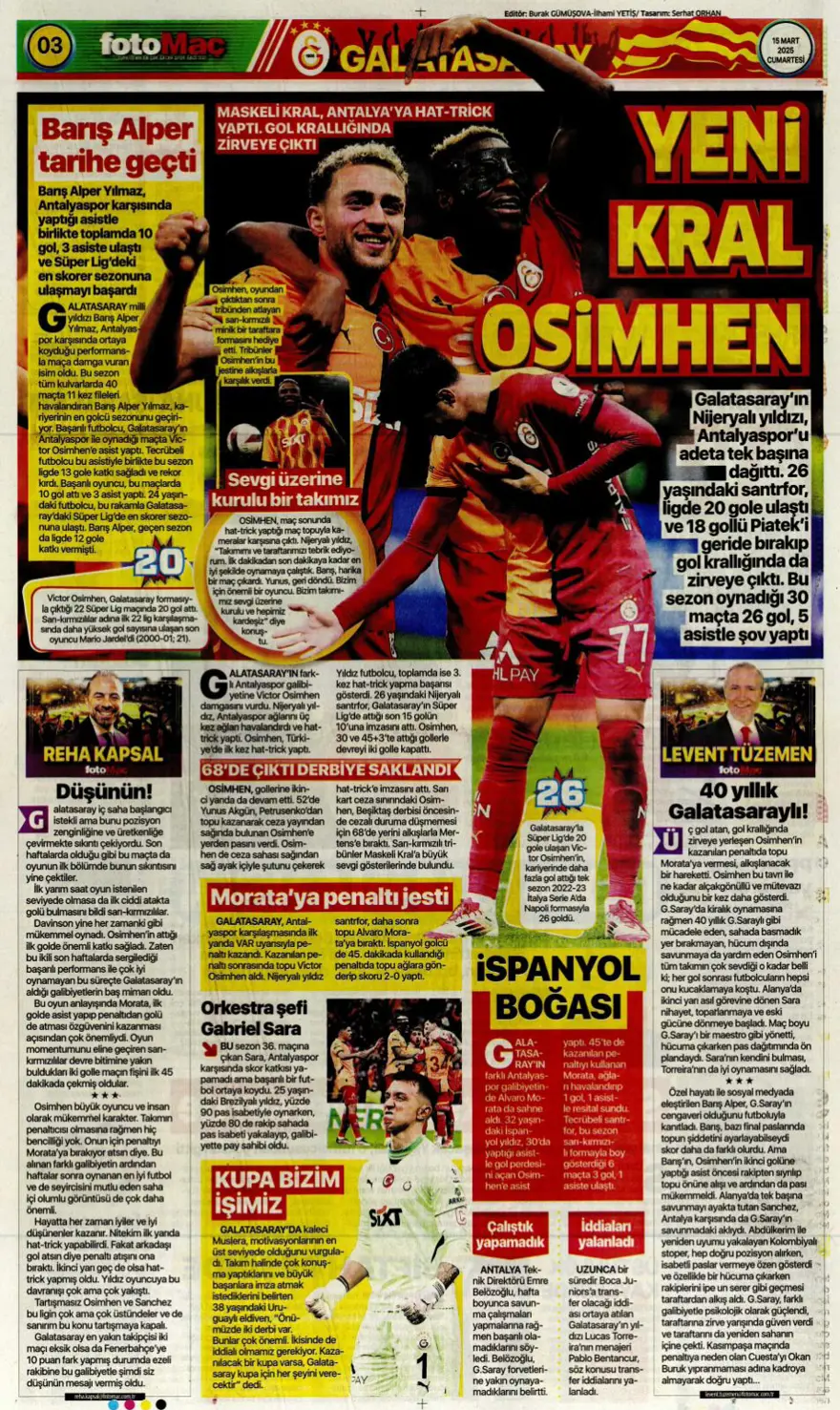 "Zirvede tek başına" (15 Mart 2025 spor manşetleri) 4