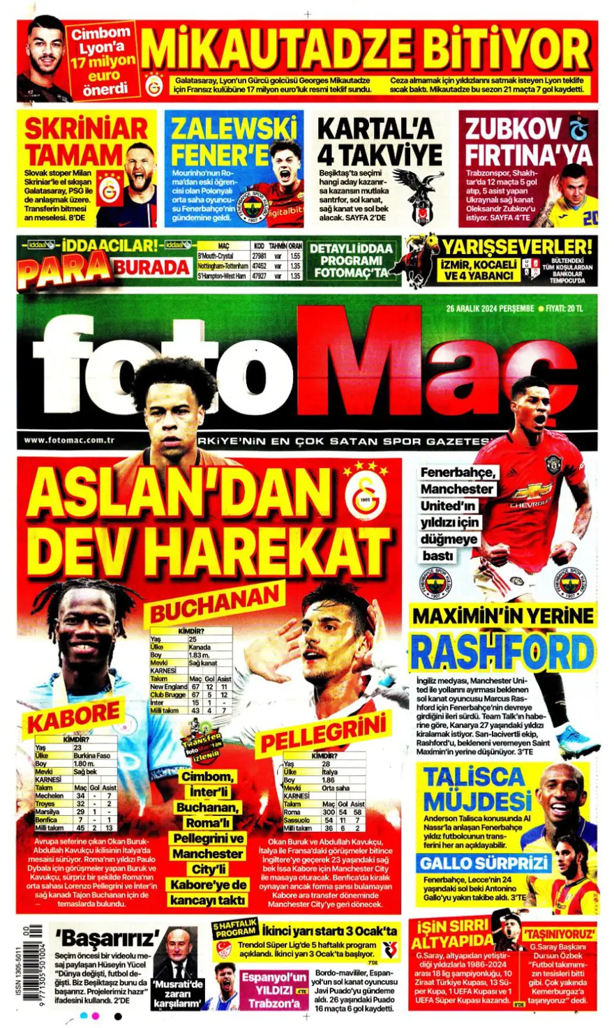 "Aslan'dan dev harekat" (26 Aralık 2024 spor manşetleri) 