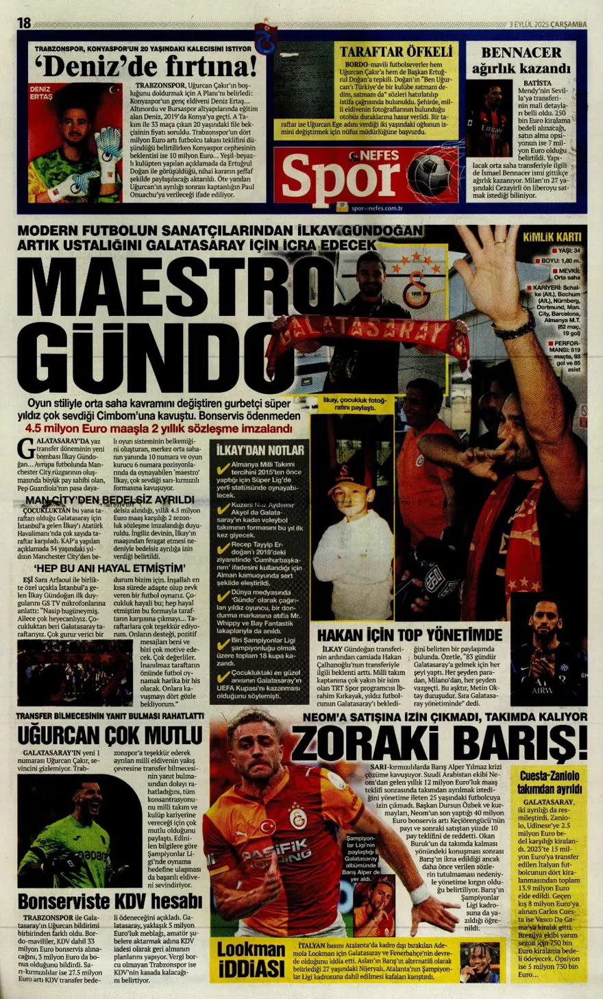"Transfer çılgınlığı" (3 Eylül spor manşetleri) 10
