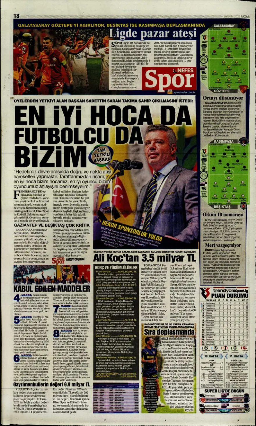 "Dörtlüleri yaktı, Aslan'ı bekliyor" (26 Ekim 2025 spor manşetleri) 13