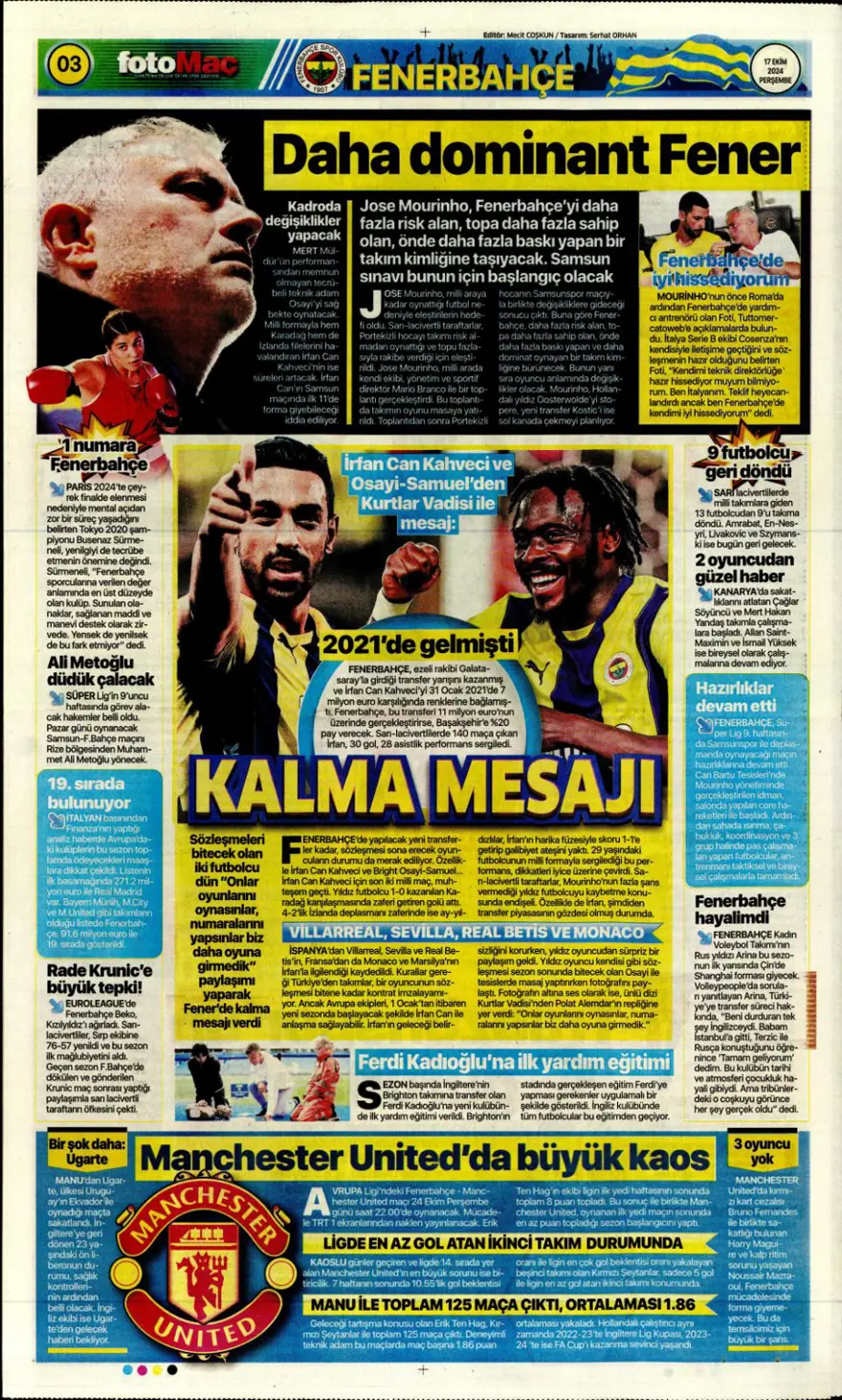 “İtalyan orta saha Fener'e” (17 Ekim 2024 spor manşetleri) 3