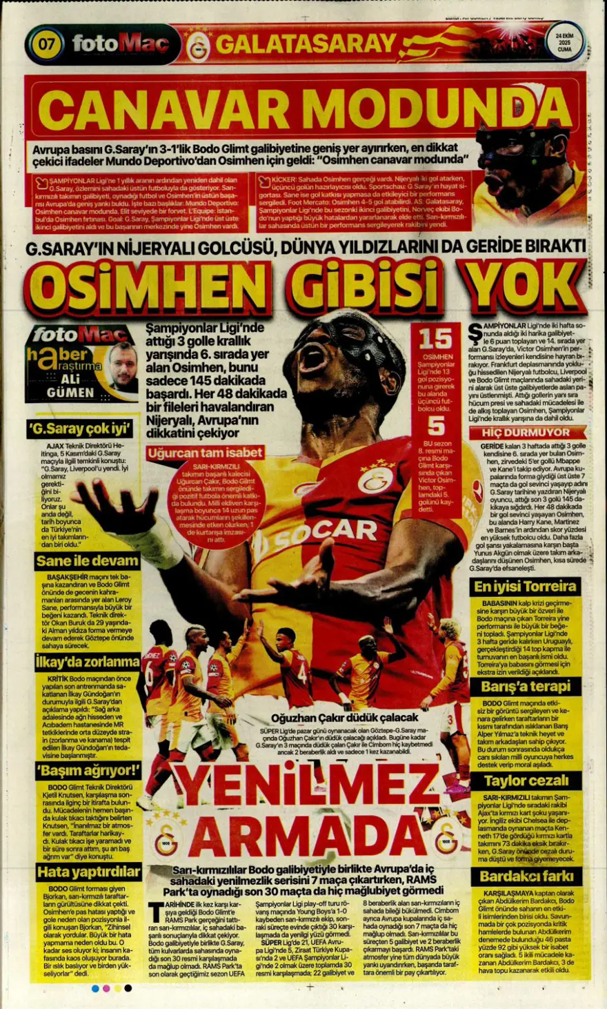 "Kadıköy canavarı" (24 Ekim 2025 spor manşetleri) 10