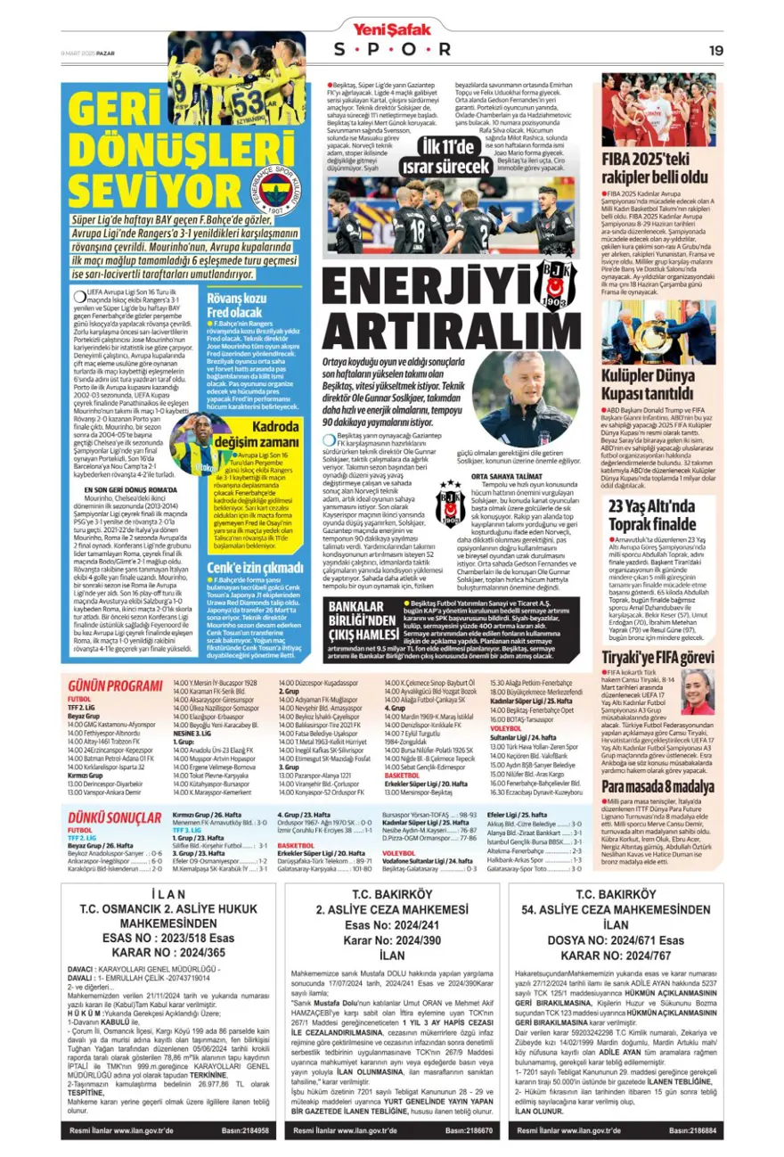 "1 numaralı büyük plan" (9 Mart 2025 spor manşetleri) 19